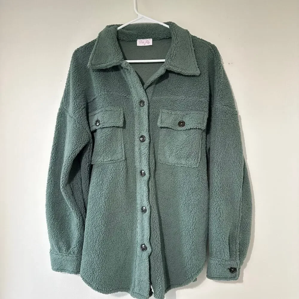 Pink Lily Sherpa Shirt Jacket Shacket Sage Green Teddy Button Front Size Medium - Picture 2 of 5